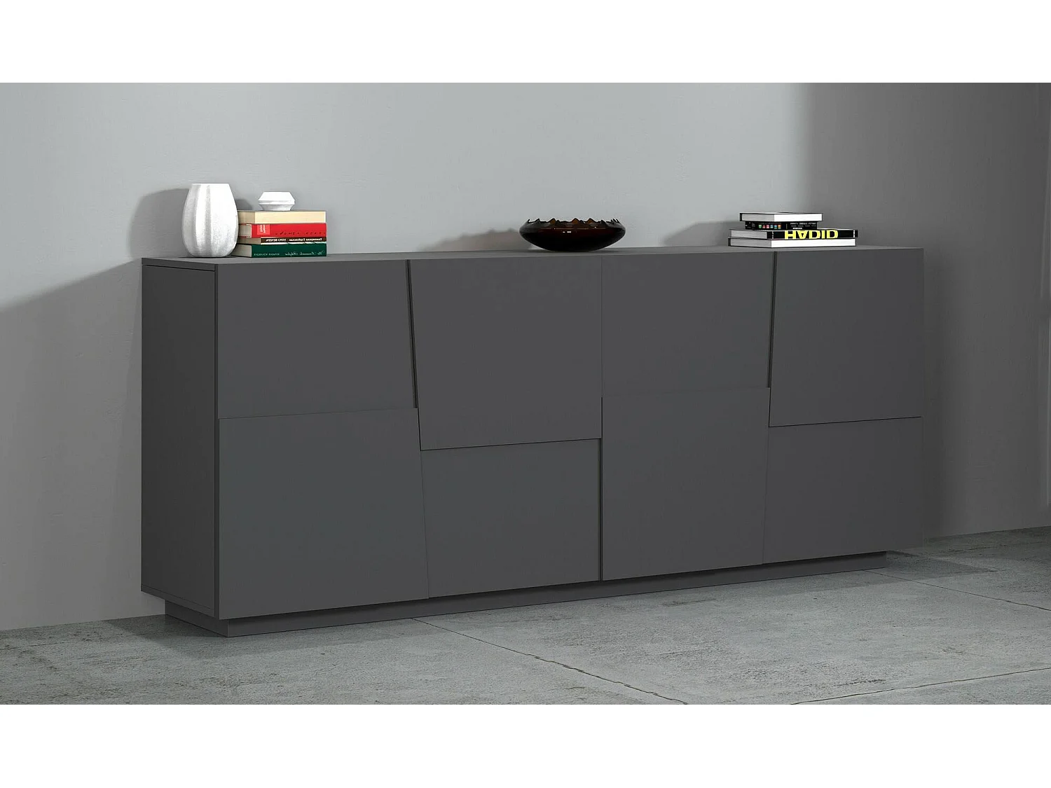 Buffet Yago, Buffet de salon, Buffet de salon moderne avec 4 portes, 200x44h86 cm, Anthracite