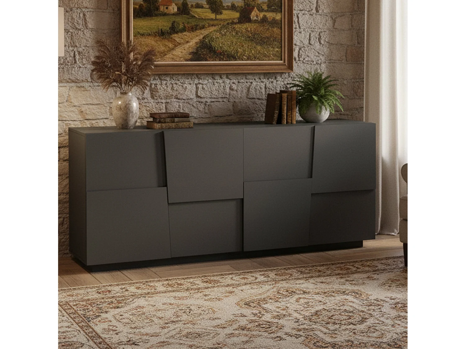 Buffet Yago, Buffet de salon, Buffet de salon moderne avec 4 portes, 200x44h86 cm, Anthracite
