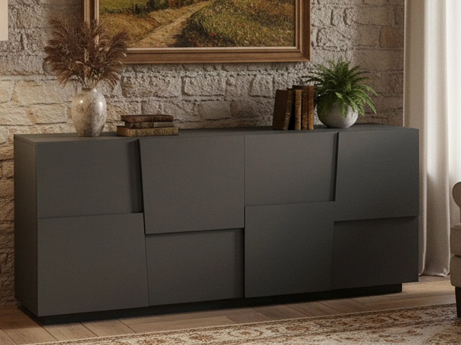 Buffet Yago, Buffet de salon, Buffet de salon moderne avec 4 portes, 200x44h86 cm, Anthracite