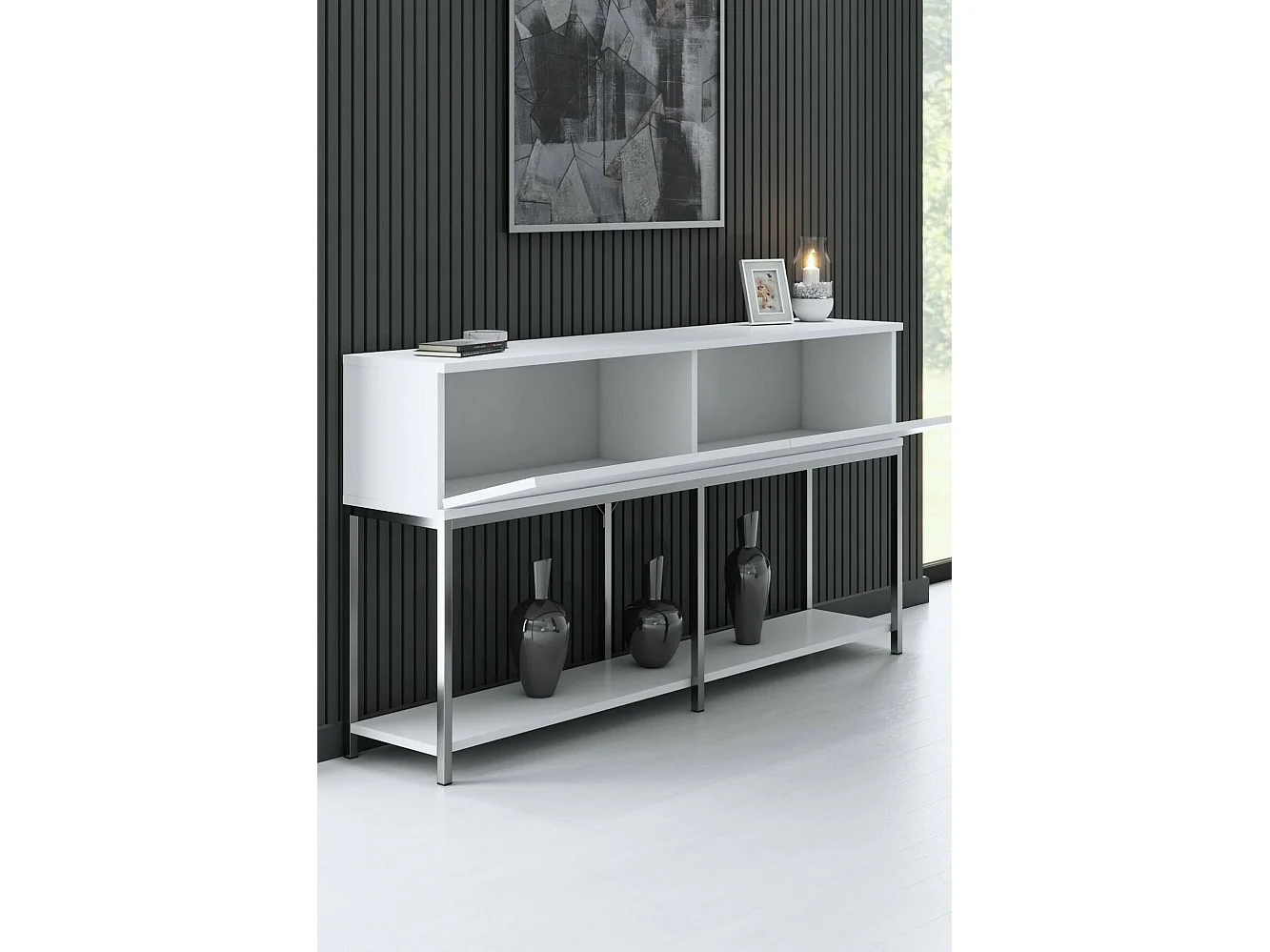 Buffet Altair, Buffet du salon, Commode de salon, Garde-manger de cuisine, 150x30h80 cm, Blanc et Argent