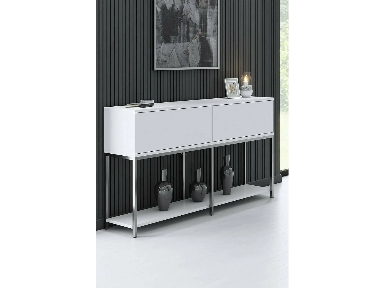 Buffet Altair, Buffet du salon, Commode de salon, Garde-manger de cuisine, 150x30h80 cm, Blanc et Argent