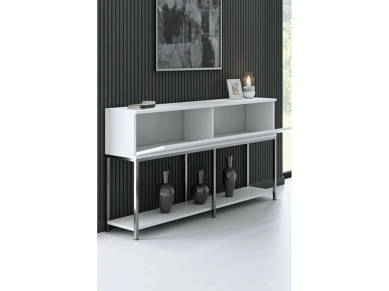 Buffet Altair, Buffet du salon, Commode de salon, Garde-manger de cuisine, 150x30h80 cm, Blanc et Argent