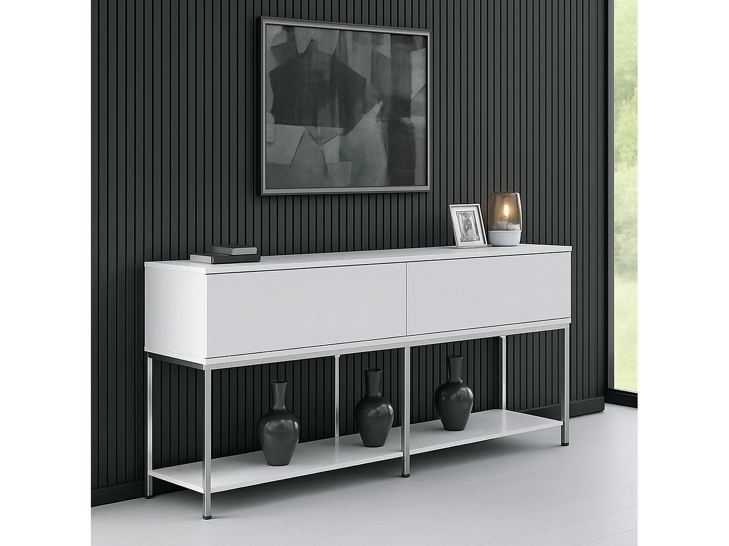 Buffet Altair, Buffet du salon, Commode de salon, Garde-manger de cuisine, 150x30h80 cm, Blanc et Argent