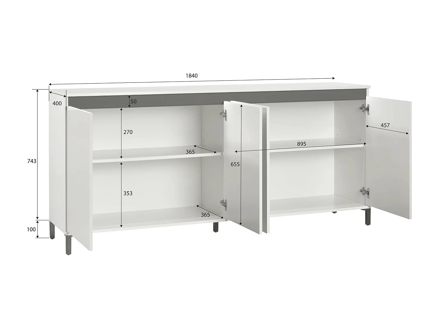 Kommode Dcecchett, Wohnzimmerbuffet, Wohnzimmer-Sideboard, Moderne Küchen-Speisekammer, Made in Italy, 184x40h90 cm, Glänzendes Weiß und Anthrazit