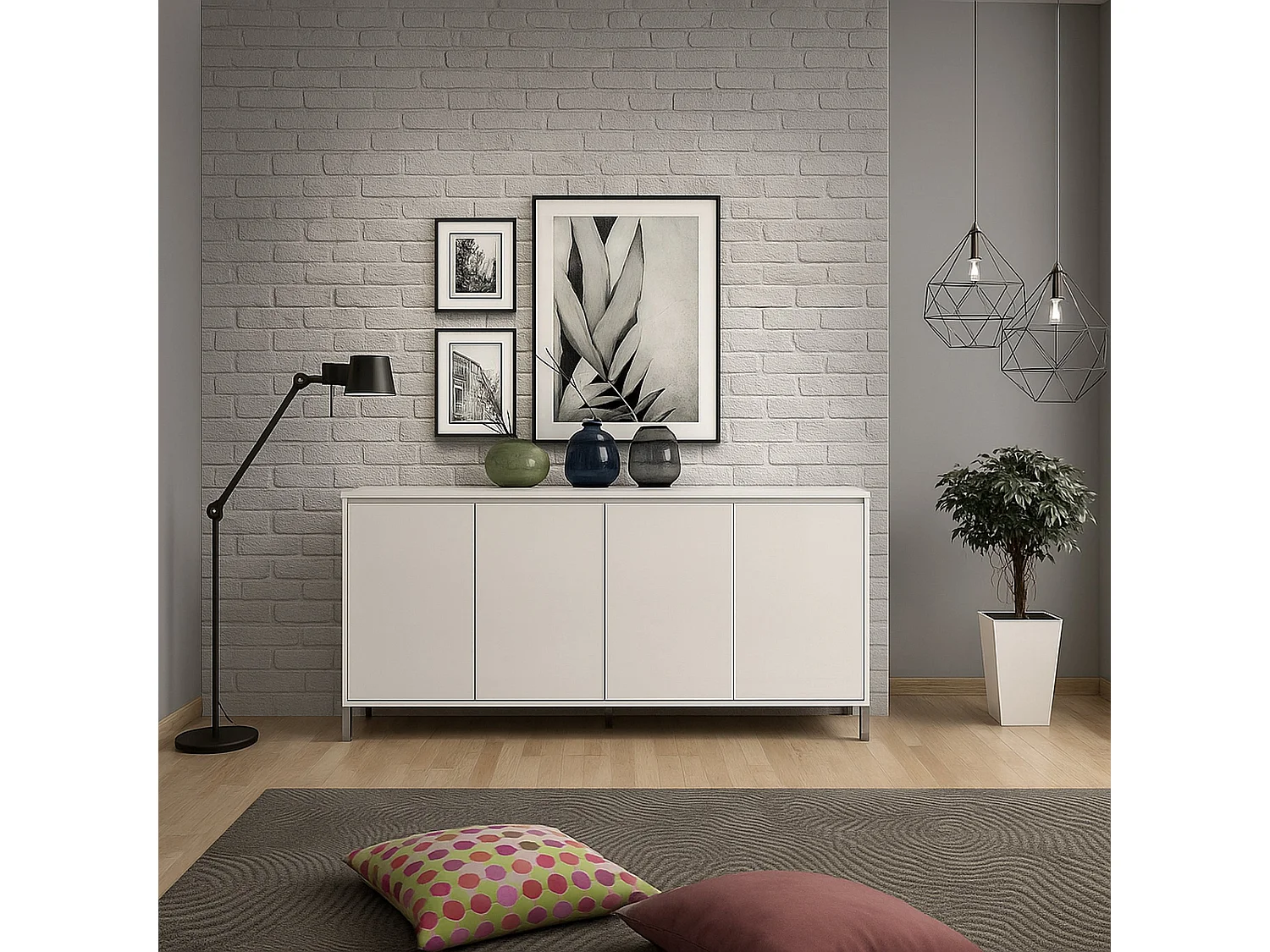 Buffet Pretoria, Buffet du salon, Commode de salon, Garde-manger de cuisine, Made in Italy, 184x40h90 cm, Blanc brillant et anthracite