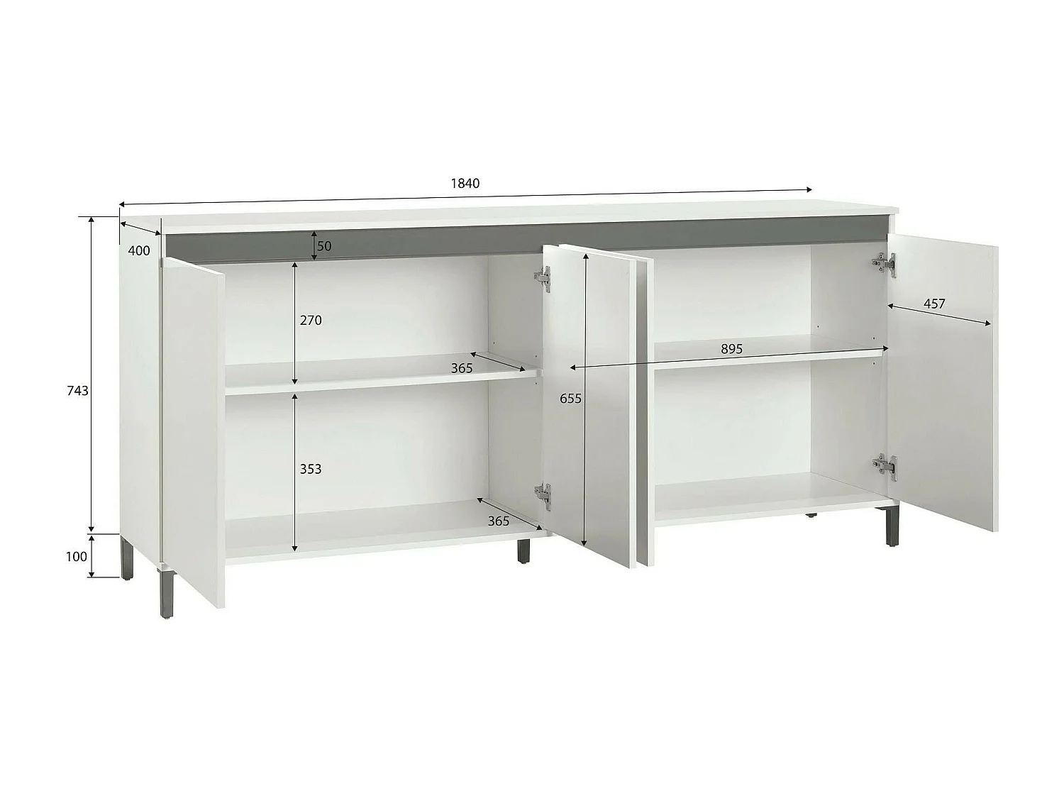 Buffet Pretoria, Buffet du salon, Commode de salon, Garde-manger de cuisine, Made in Italy, 184x40h90 cm, Blanc brillant et anthracite