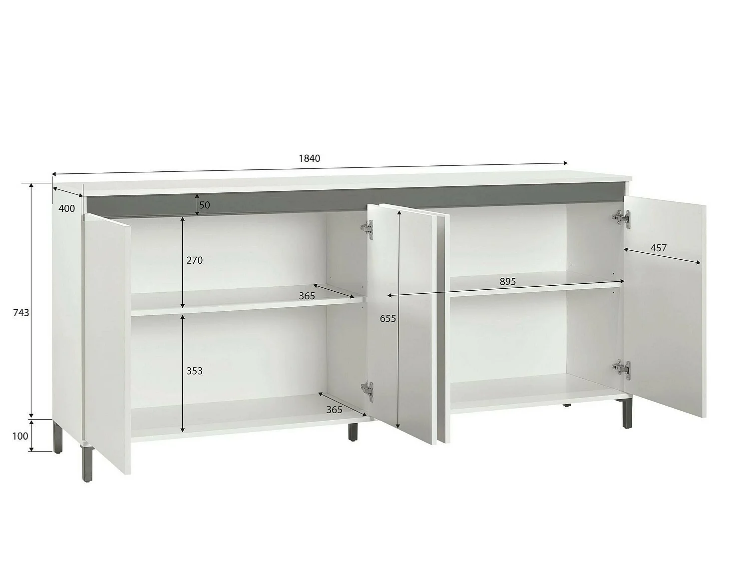 Buffet Pretoria, Buffet du salon, Commode de salon, Garde-manger de cuisine, Made in Italy, 184x40h90 cm, Blanc brillant et anthracite