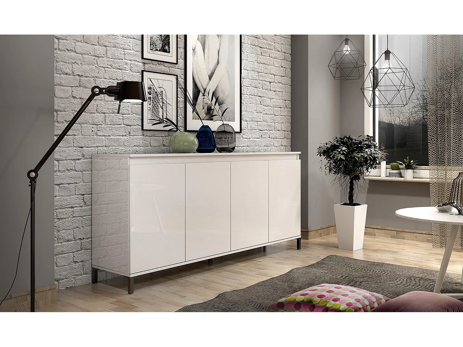 Buffet Pretoria, Buffet du salon, Commode de salon, Garde-manger de cuisine, Made in Italy, 184x40h90 cm, Blanc brillant et anthracite