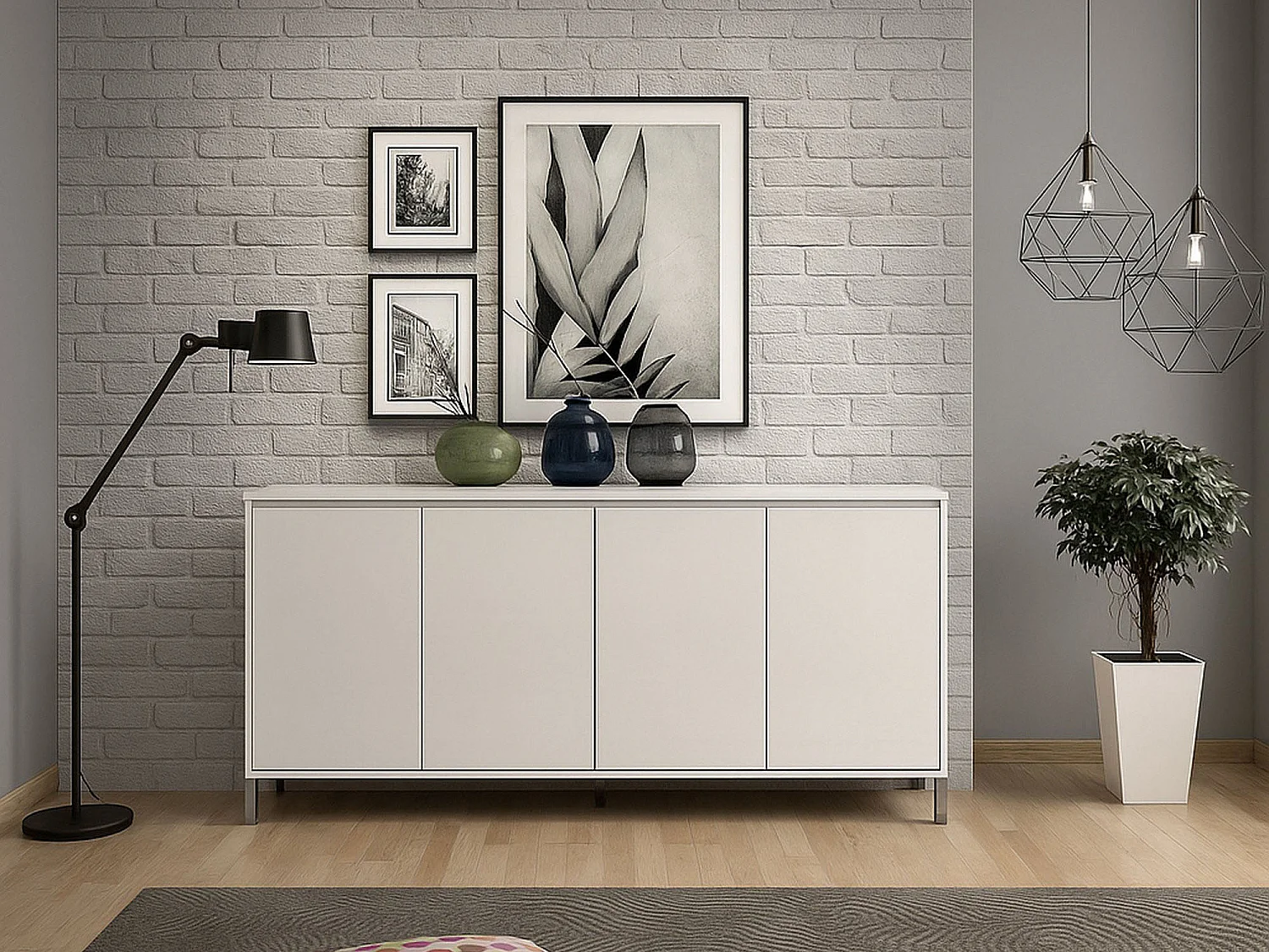 Buffet Pretoria, Buffet du salon, Commode de salon, Garde-manger de cuisine, Made in Italy, 184x40h90 cm, Blanc brillant et anthracite