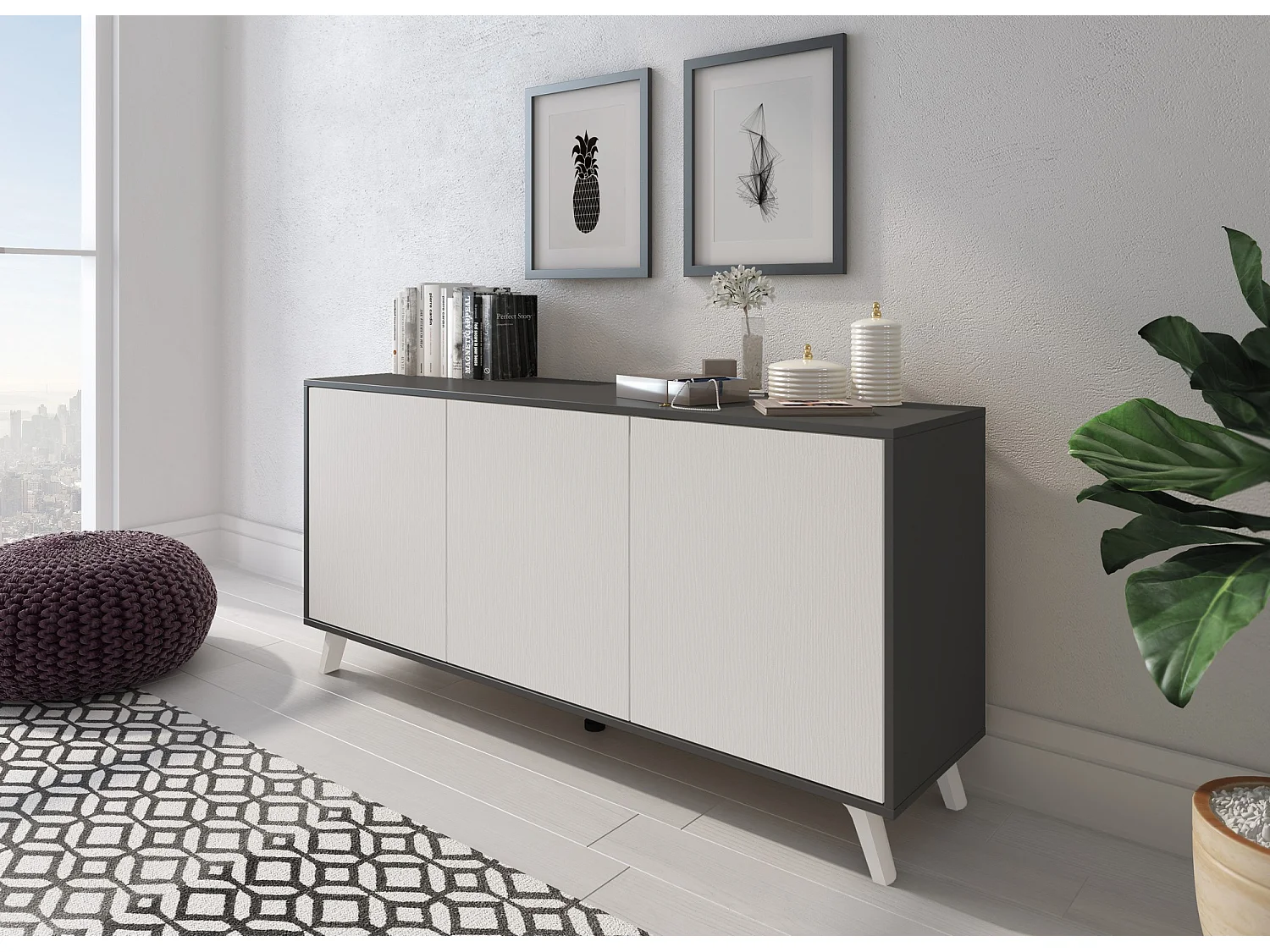 Dmora - Credenza Annina, 154x40h72 cm, Antracite e Bianco