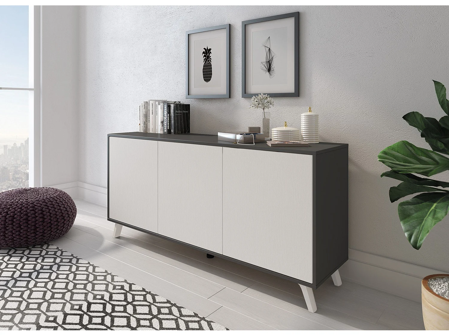 Dmora - Credenza Annina, 154x40h72 cm, Antracite e Bianco