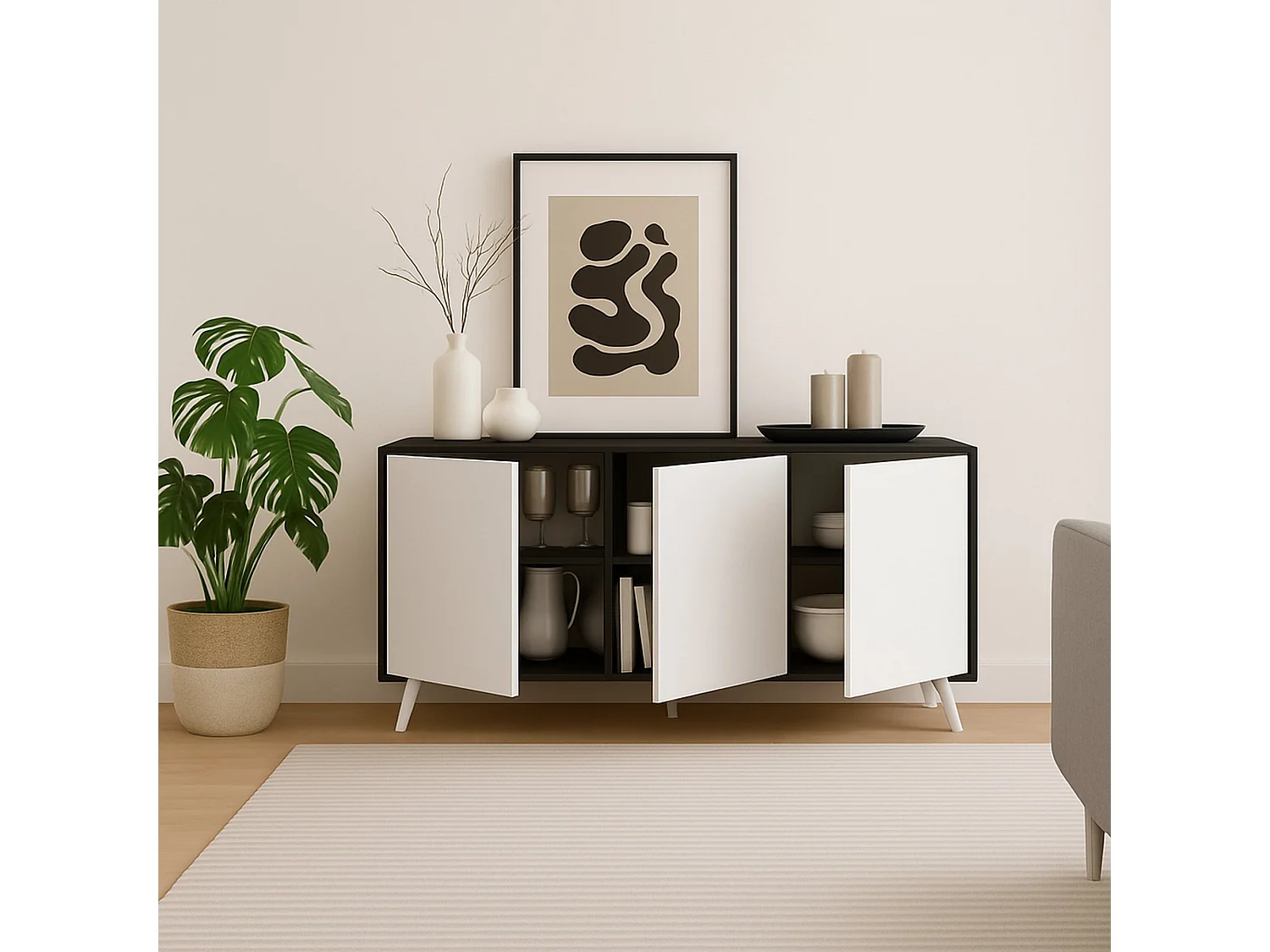 Buffet Weddell, Buffet du salon, Commode de salon, Garde-manger de cuisine, 154x40h72 cm, Anthracite et Blanc