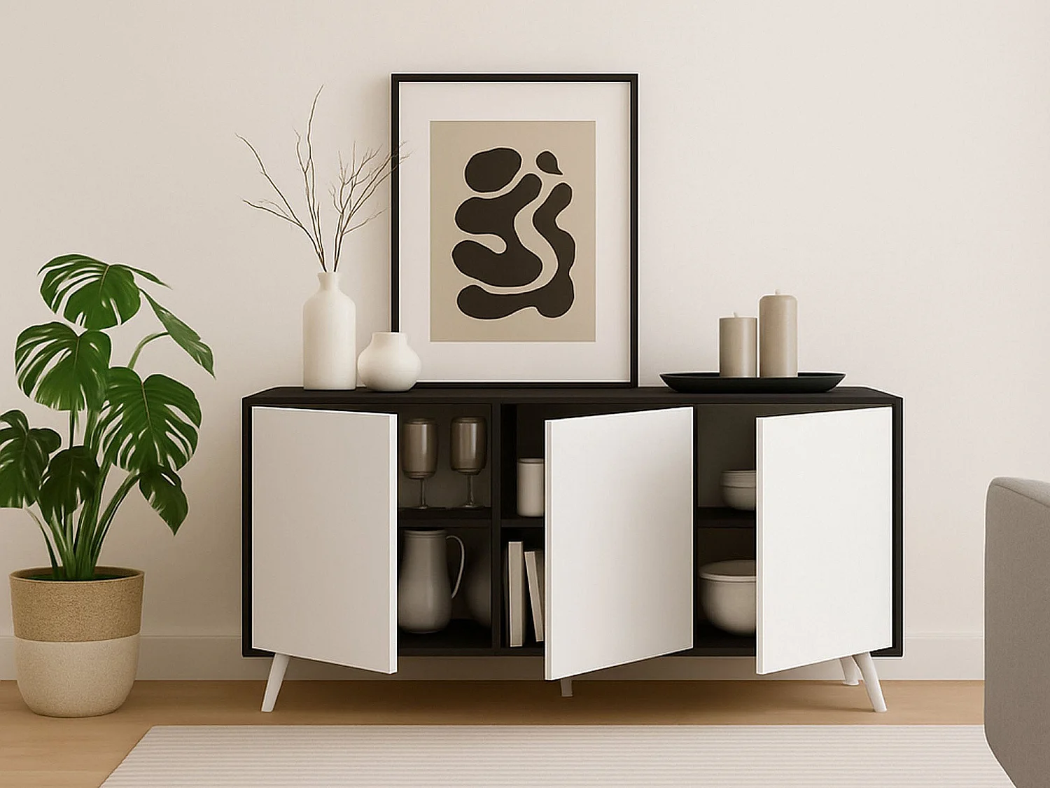 Buffet Weddell, Buffet du salon, Commode de salon, Garde-manger de cuisine, 154x40h72 cm, Anthracite et Blanc