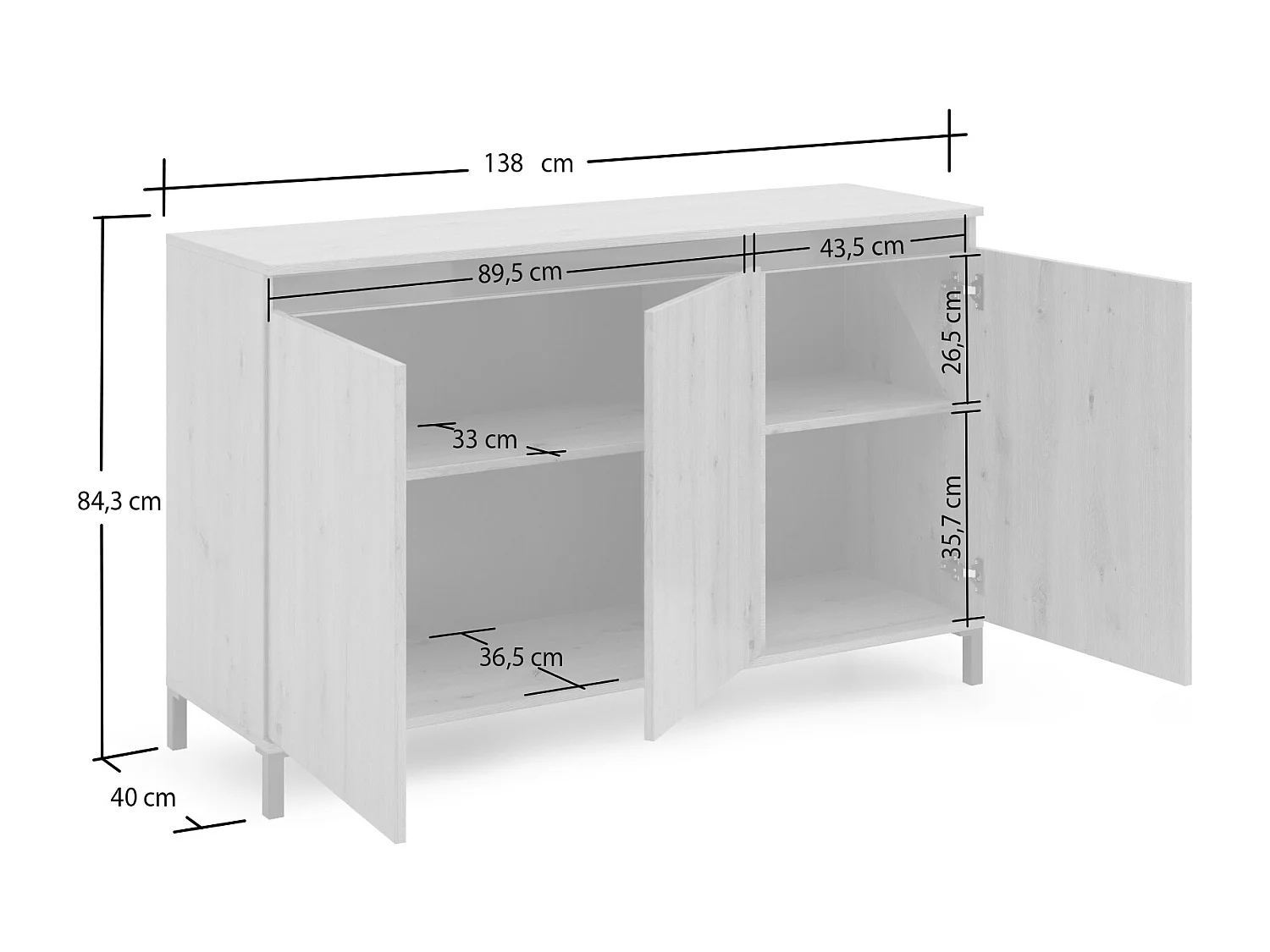 Dcollocol Dressoir, Woonkamer Buffet, Woonkamer, Keuken Pantry, Made in Italy, 138x40h90 cm, Glanzend Wit en Antraciet