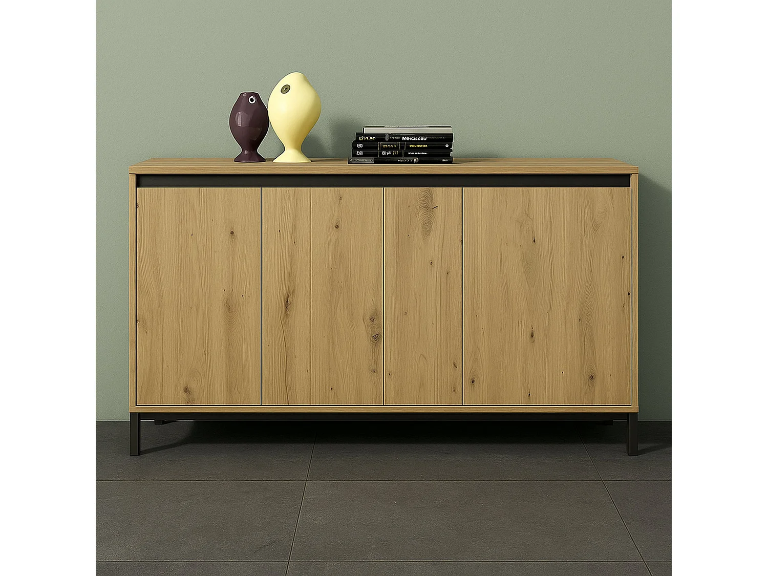 Buffet Dodoma, Buffet du salon, Commode de salon, Garde-manger de cuisine, Made in Italy, 138x40h90 cm, Blanc brillant et anthracite