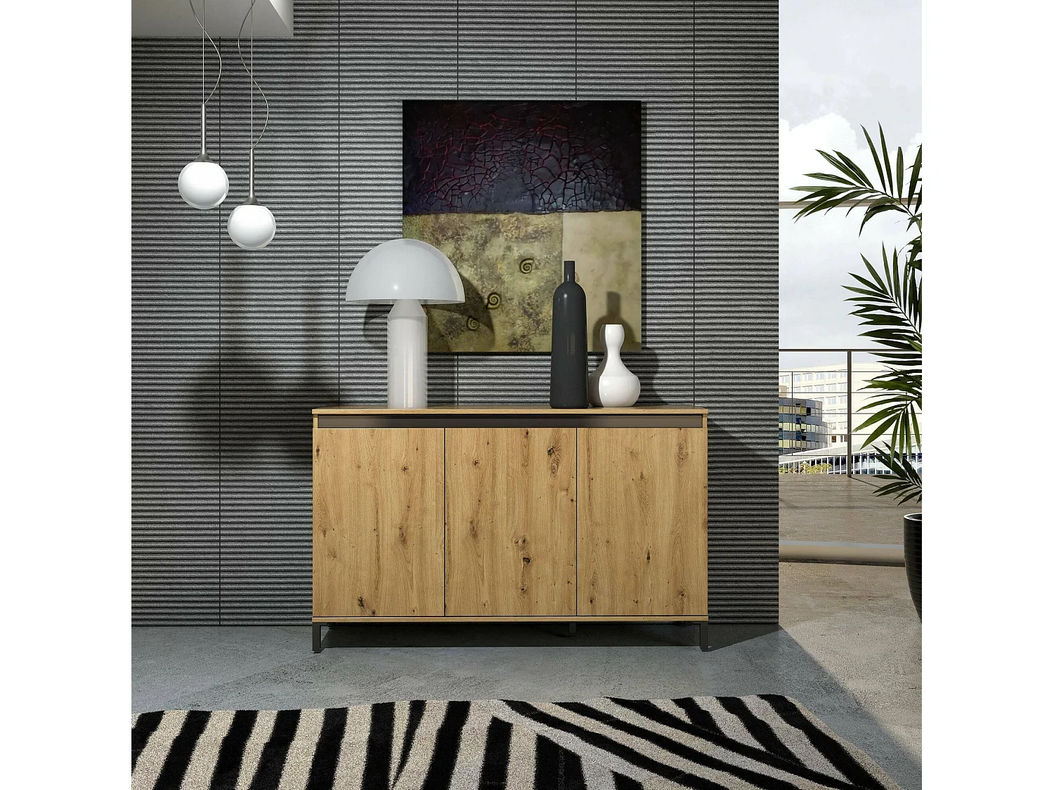 Buffet Dodoma, Buffet du salon, Commode de salon, Garde-manger de cuisine, Made in Italy, 138x40h90 cm, Blanc brillant et anthracite