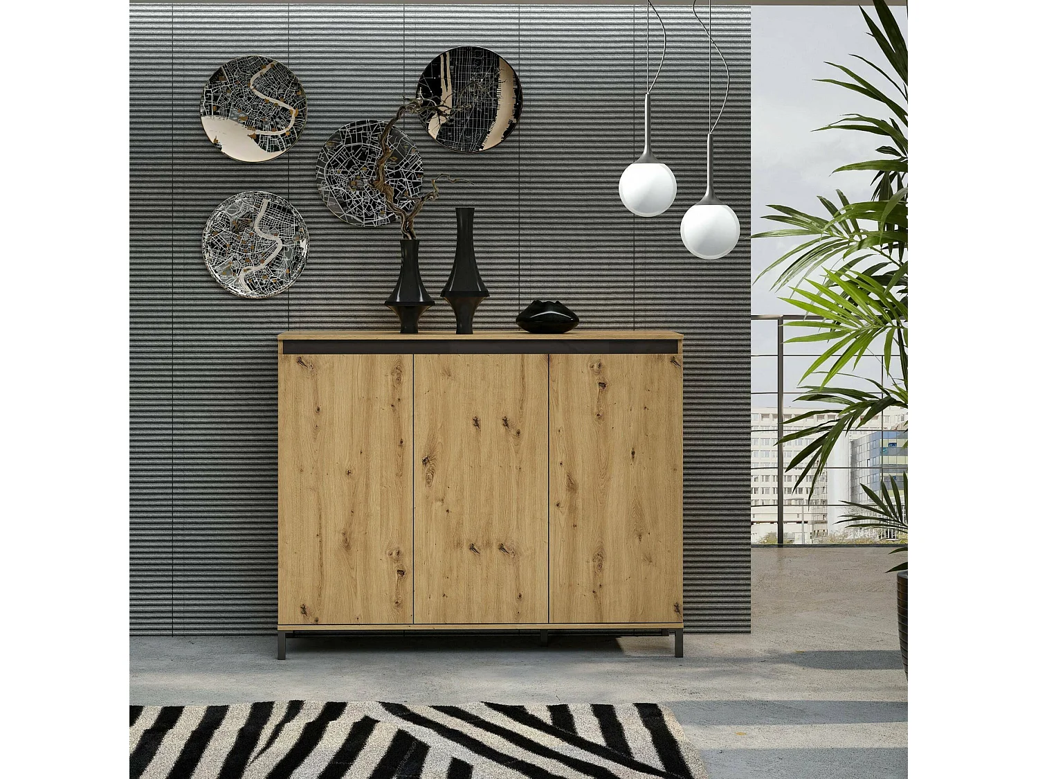 Aparador Dceppitell, Buffet de sala, Madia da sala de estarOu, Despensa de cozinha, Made in Italy, 138x110h40 cm, Branco brilhante e Antracite