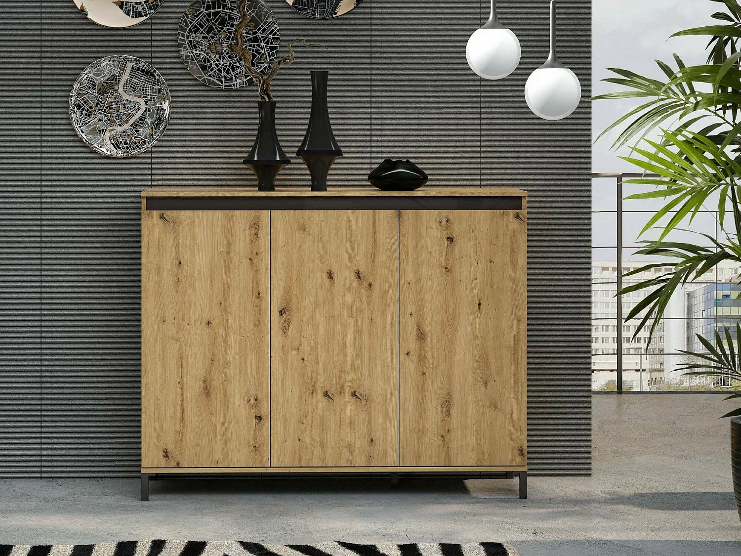 Buffet Bloemfontein, Buffet du salon, Commode de salon, Garde-manger de cuisine, Made in Italy, 138x110h40 cm, Blanc brillant et anthracite