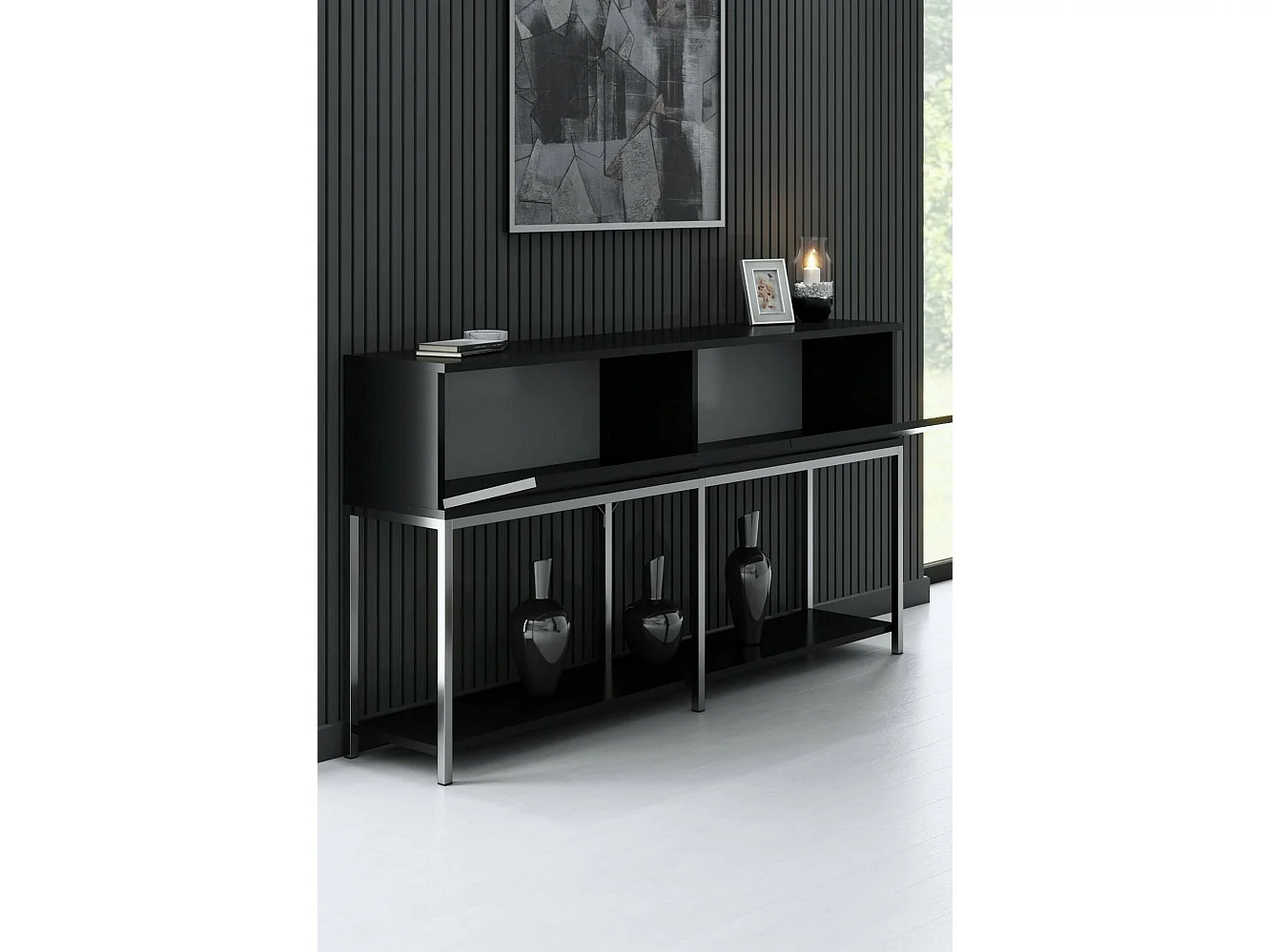 Dmora - Credenza Basilia, 150x30h80 cm, Nero e Argento