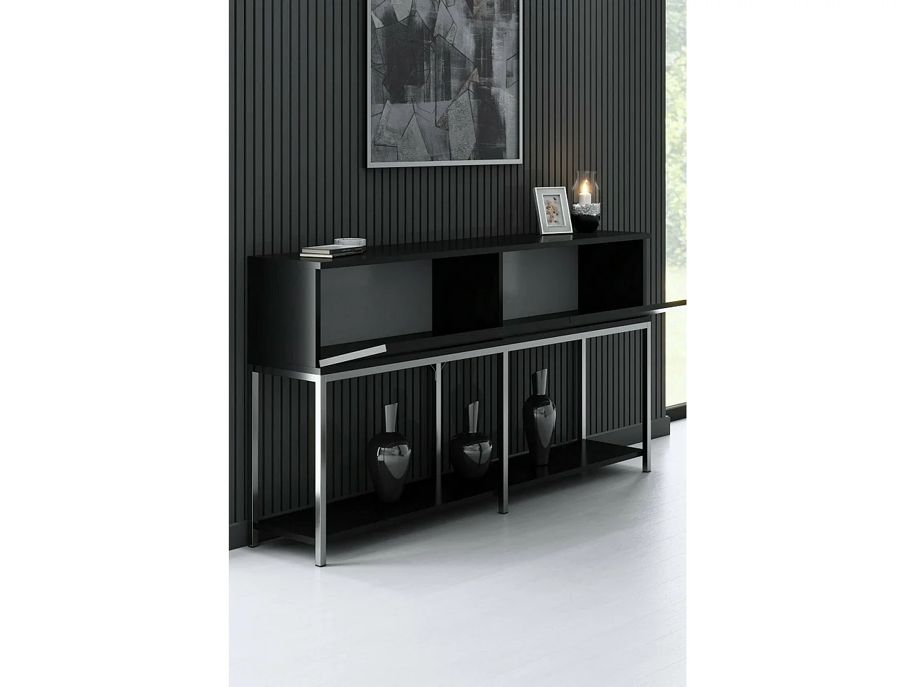 Dmora - Credenza Basilia, 150x30h80 cm, Nero e Argento