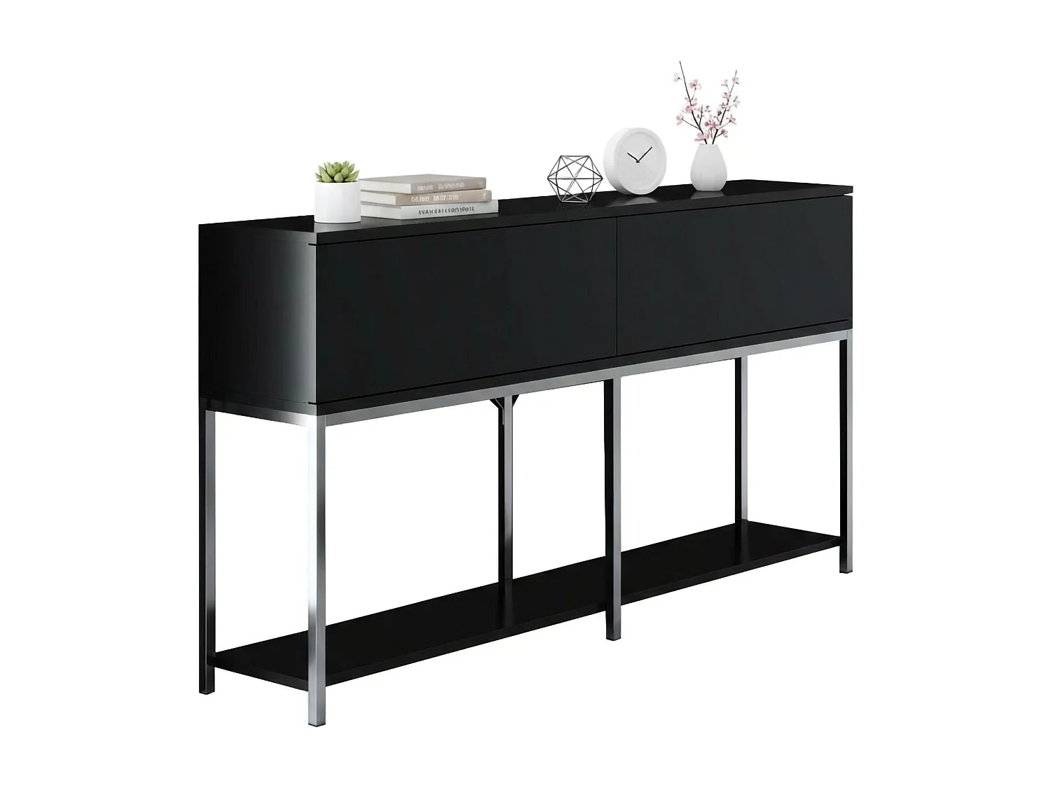 Buffet Altair, Buffet du salon, Commode de salon, Garde-manger de cuisine, 150x30h80 cm, Noir et Argent