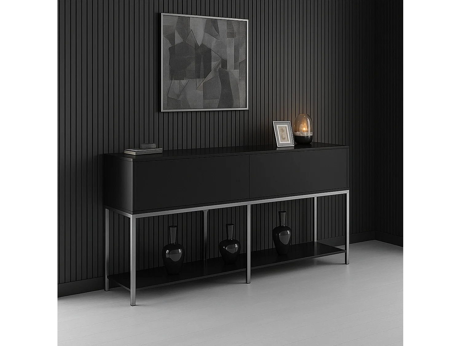 Buffet Altair, Buffet du salon, Commode de salon, Garde-manger de cuisine, 150x30h80 cm, Noir et Argent