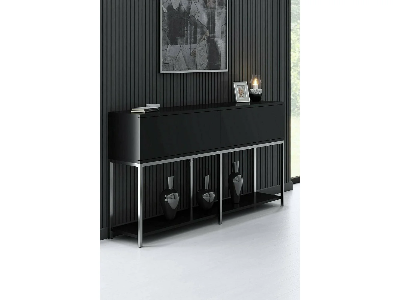 Buffet Altair, Buffet du salon, Commode de salon, Garde-manger de cuisine, 150x30h80 cm, Noir et Argent