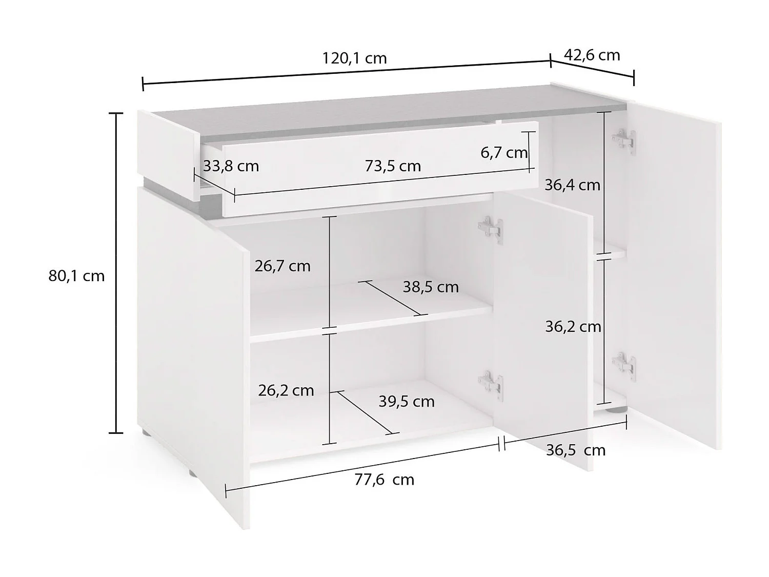 Dmora - Credenza Bajardo, 120x42h80 cm, Bianco lucido e Antracite