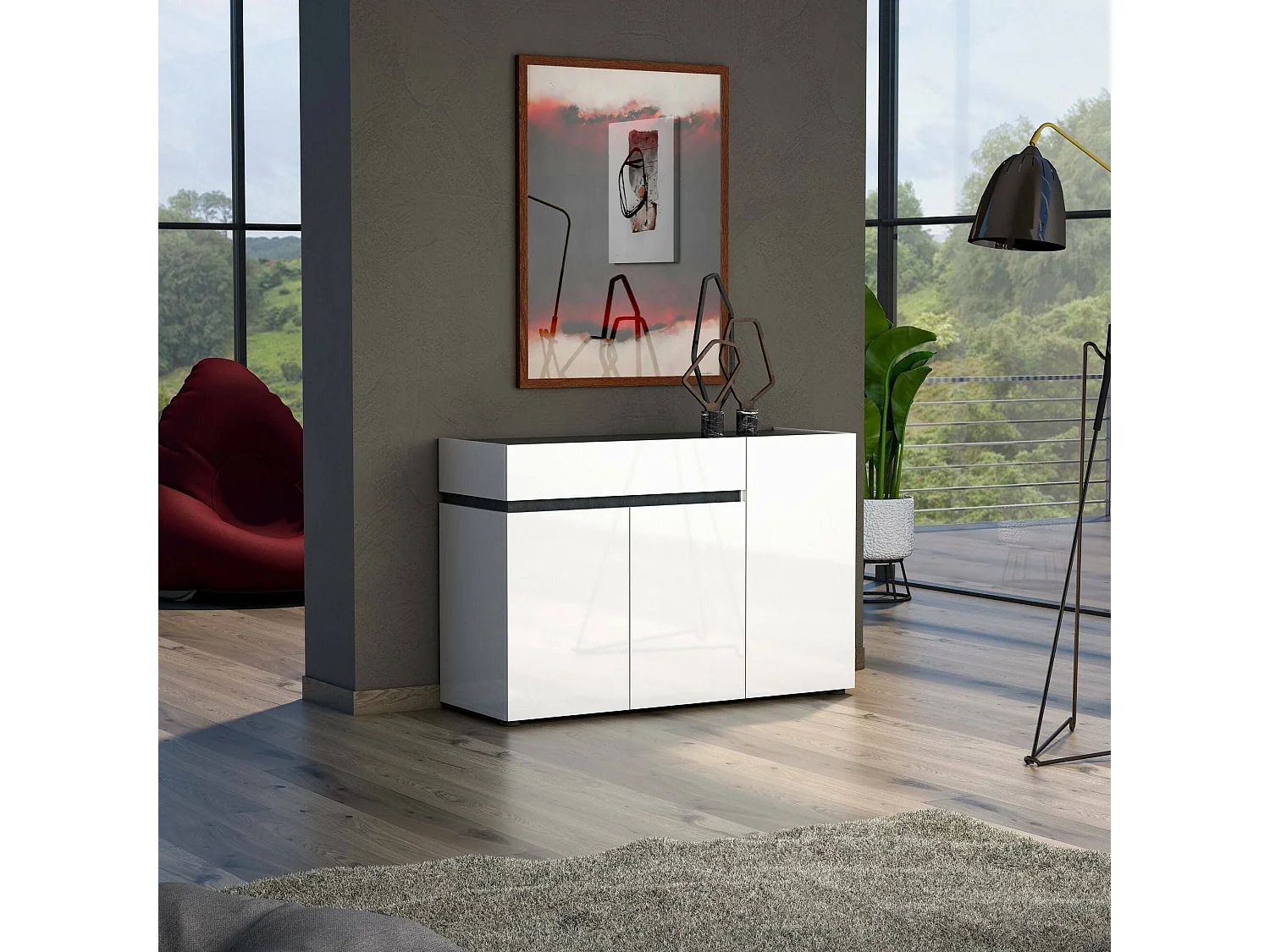 Credenza Bajardo, 2 Ripiani Made in Italy, 42x120x80h cm Bianco Lucido, Madia