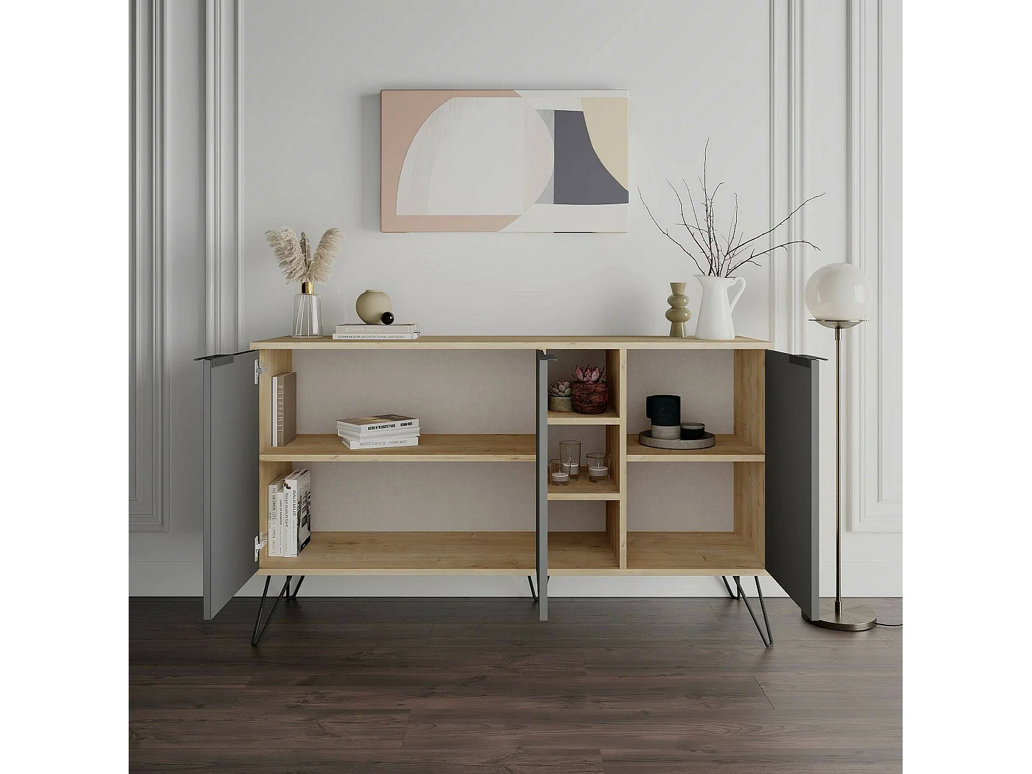 Kommode Dpenz, Wohnzimmerbuffet, Wohnzimmer-Sideboard, Moderne Küchen-Speisekammer, 142x36h83 cm, Eiche und Anthrazit