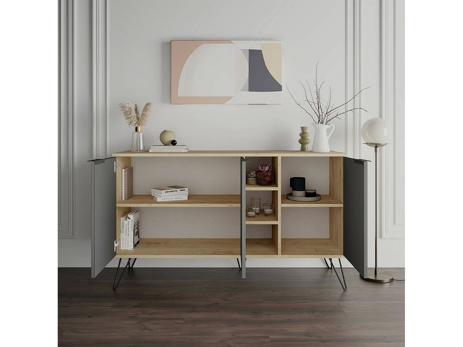 Kommode Dpenz, Wohnzimmerbuffet, Wohnzimmer-Sideboard, Moderne Küchen-Speisekammer, 142x36h83 cm, Eiche und Anthrazit