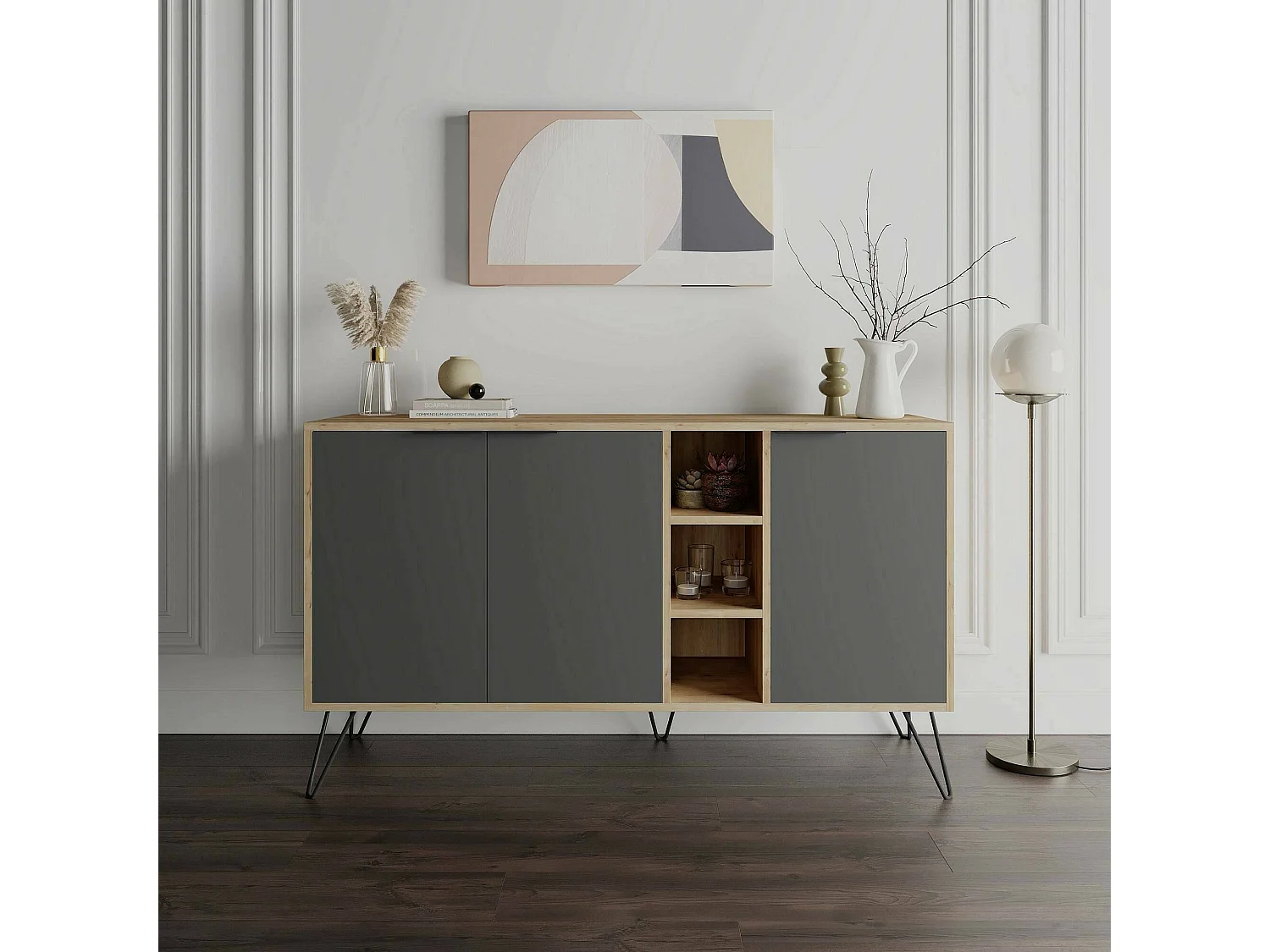 Dpenz dressoir, Woonkamer buffet, Woonkamer, Keuken bijkeuken, 142x36h83 cm, Eiken en Antraciet