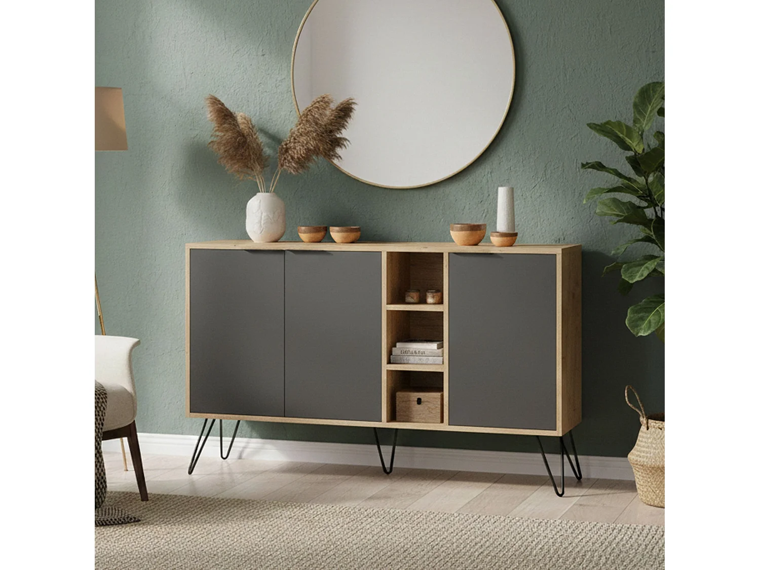 Buffet Perseus, Buffet du salon, Commode de salon, Garde-manger de cuisine, 142x36h83 cm, Chêne et Anthracite