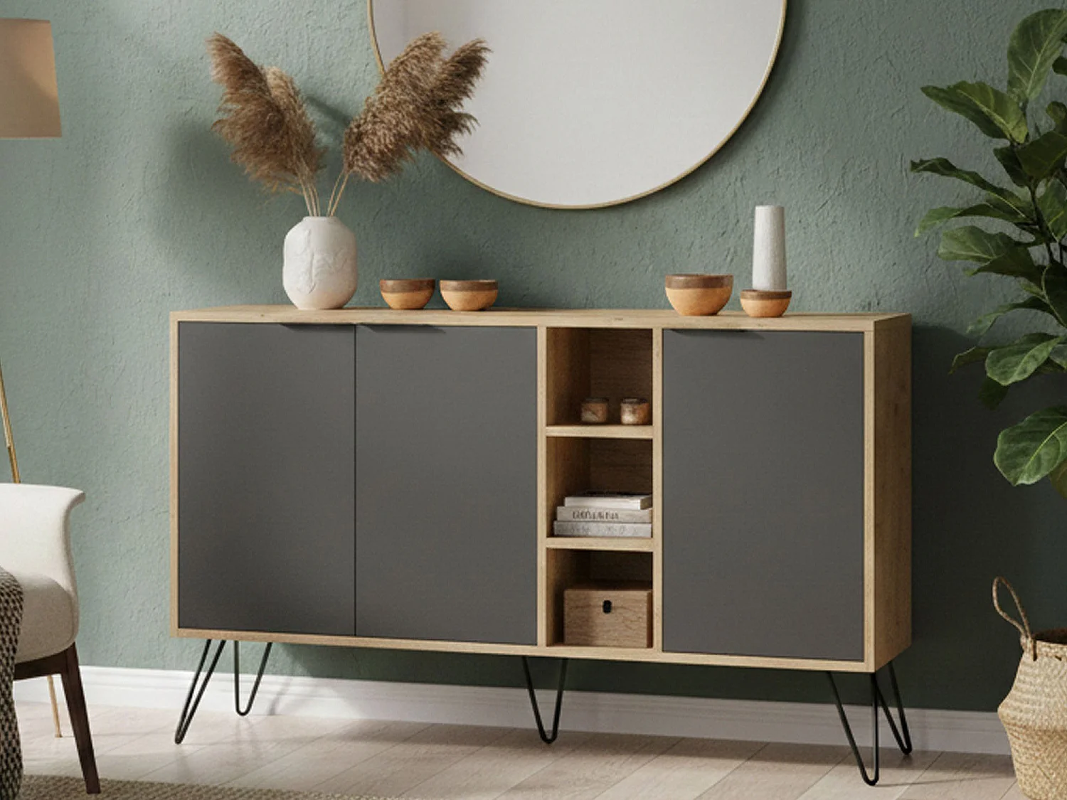 Dpenz dressoir, Woonkamer buffet, Woonkamer, Keuken bijkeuken, 142x36h83 cm, Eiken en Antraciet