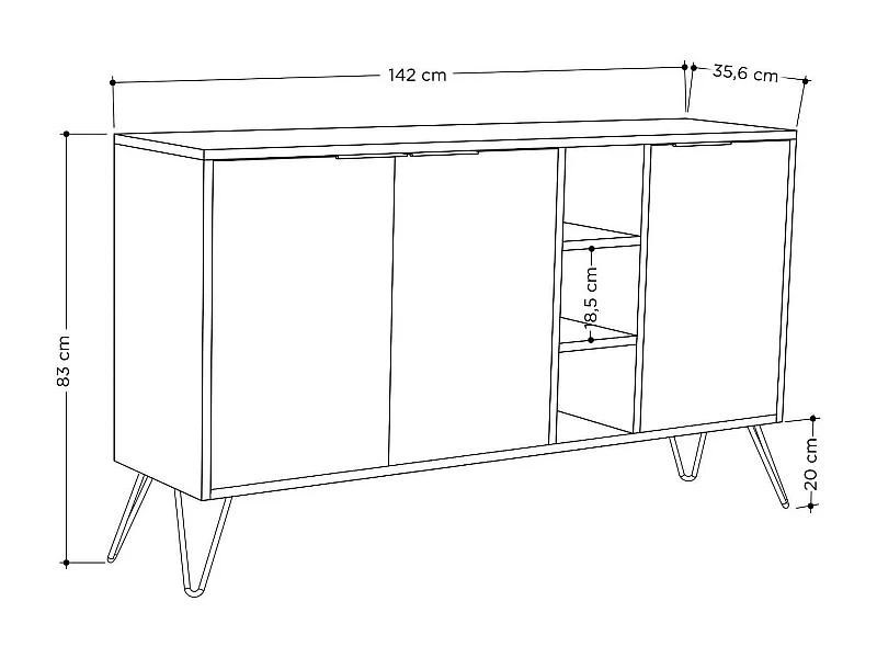 Kommode Dpenz, Wohnzimmerbuffet, Wohnzimmer-Sideboard, Moderne Küchen-Speisekammer, 142x36h83 cm, Eiche und Anthrazit