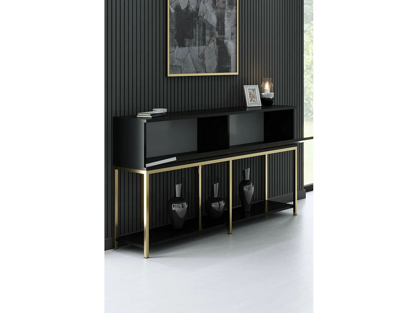 Dmora - Credenza Basilia, 150x30h80 cm, Nero e Oro