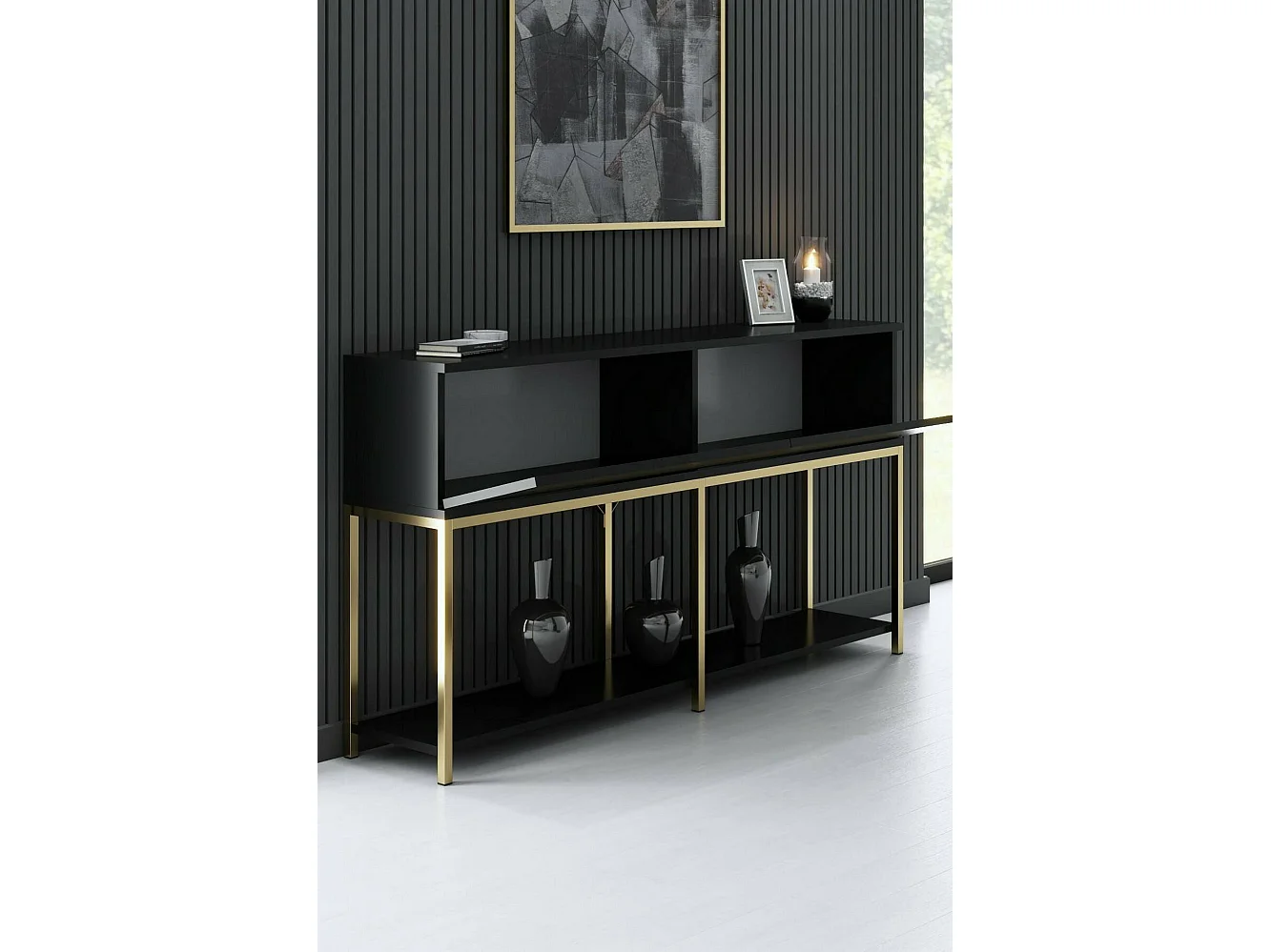 Dmora - Credenza Basilia, 150x30h80 cm, Nero e Oro