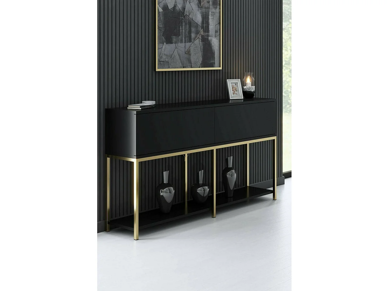 Djimsit dressoir, woonkamerbuffet, MWoonkamer Adia, Keuken Pantry, 150x30h80 cm, Zwart en Goud