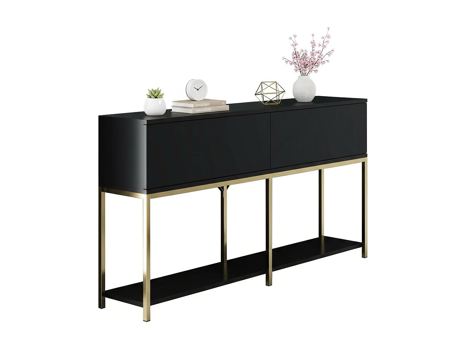Djimsit dressoir, woonkamerbuffet, MWoonkamer Adia, Keuken Pantry, 150x30h80 cm, Zwart en Goud