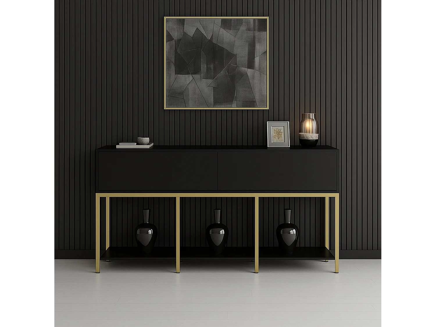 Djimsit dressoir, woonkamerbuffet, MWoonkamer Adia, Keuken Pantry, 150x30h80 cm, Zwart en Goud