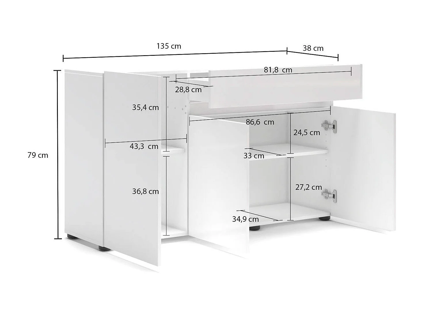 Kommode Dferrarin, Wohnzimmerbuffet, Wohnzimmer-Sideboard, Moderne Küchen-Speisekammer, Made in Italy, 135x38h79 cm, Glänzendes Weiß
