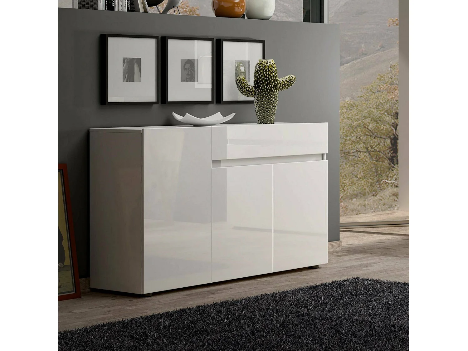 Kommode Dferrarin, Wohnzimmerbuffet, Wohnzimmer-Sideboard, Moderne Küchen-Speisekammer, Made in Italy, 135x38h79 cm, Glänzendes Weiß