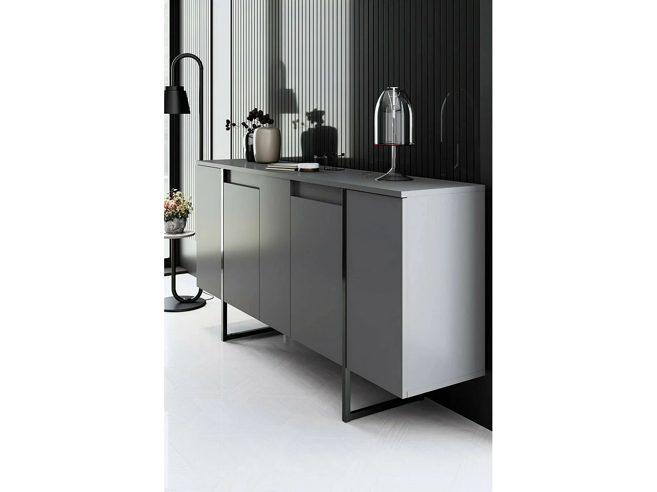 Buffet Betel, Buffet du salon, Commode de salon, Garde-manger de cuisine, 160x35h80 cm, Anthracite et Noir