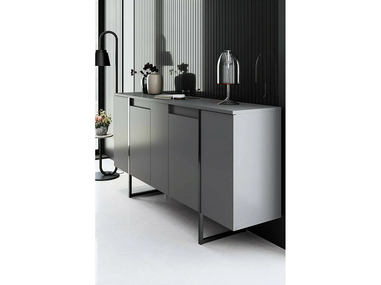 Buffet Betel, Buffet du salon, Commode de salon, Garde-manger de cuisine, 160x35h80 cm, Anthracite et Noir