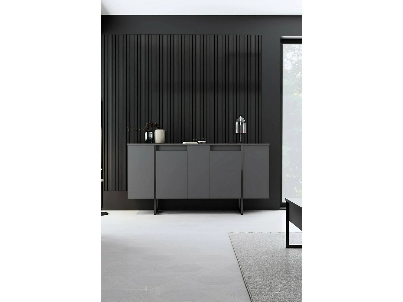 Buffet Betel, Buffet du salon, Commode de salon, Garde-manger de cuisine, 160x35h80 cm, Anthracite et Noir