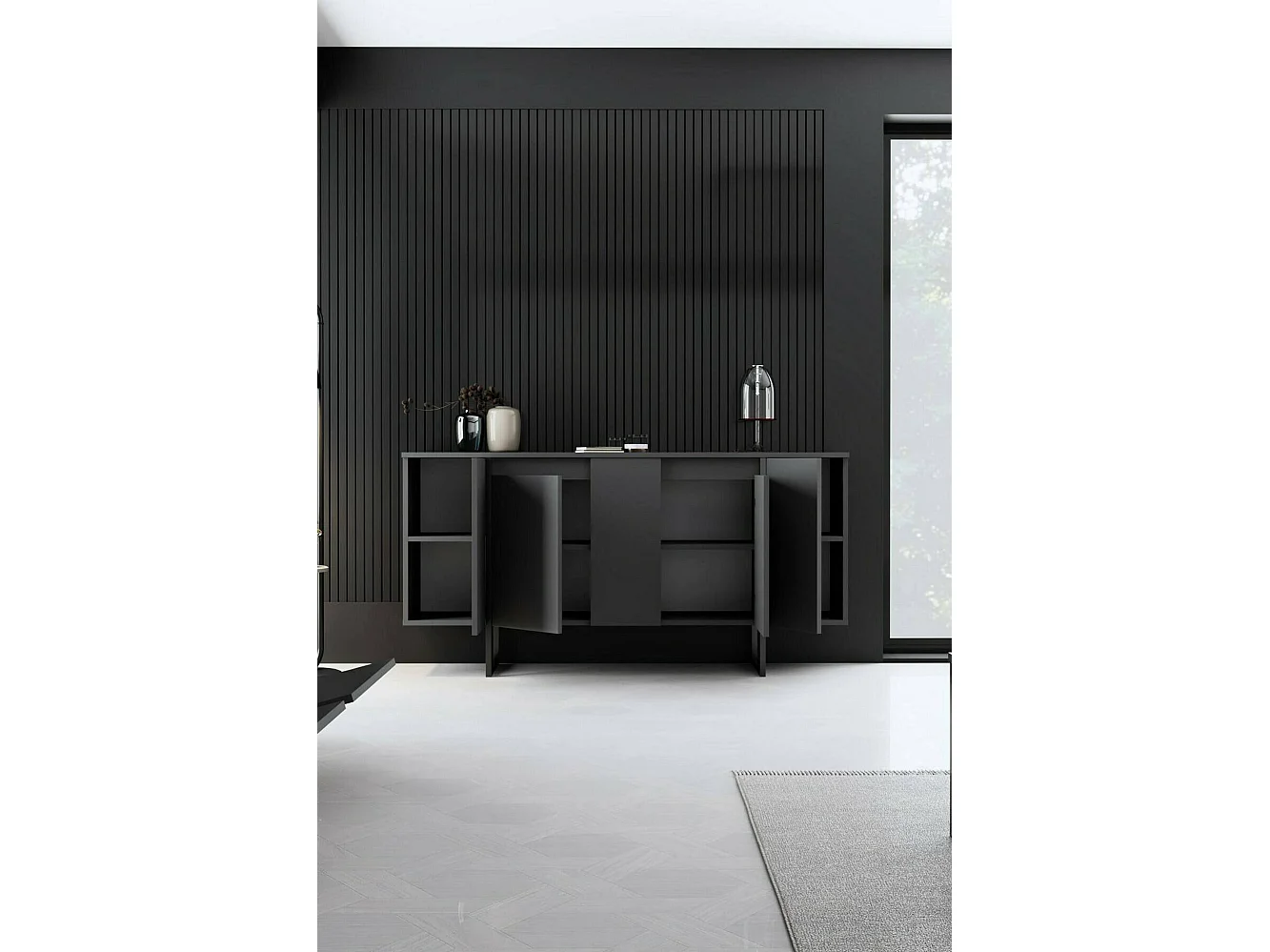 Buffet Betel, Buffet du salon, Commode de salon, Garde-manger de cuisine, 160x35h80 cm, Anthracite et Noir
