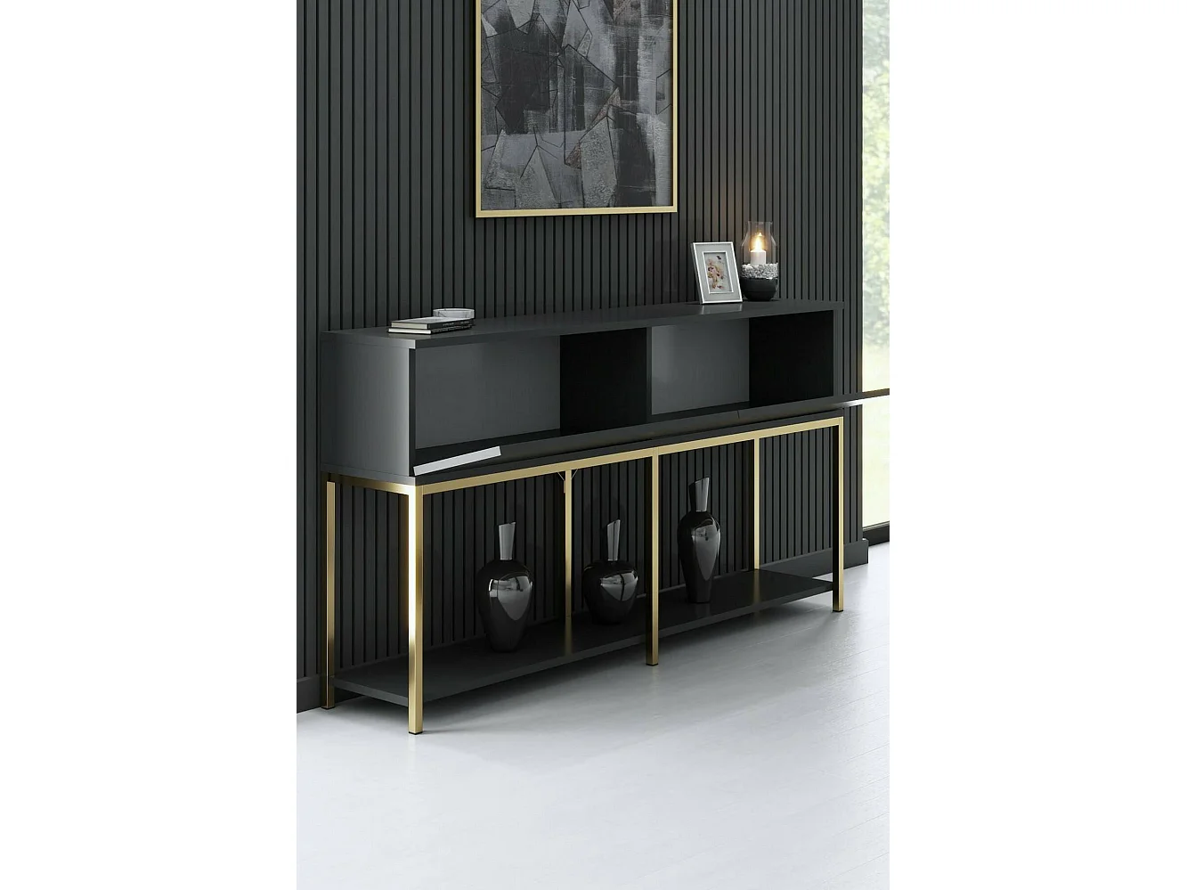 Kommode Djimsit, Wohnzimmerbuffet, Wohnzimmer-Sideboard, Moderne Küchen-Speisekammer, 150x30h80 cm, Anthrazit und Gold