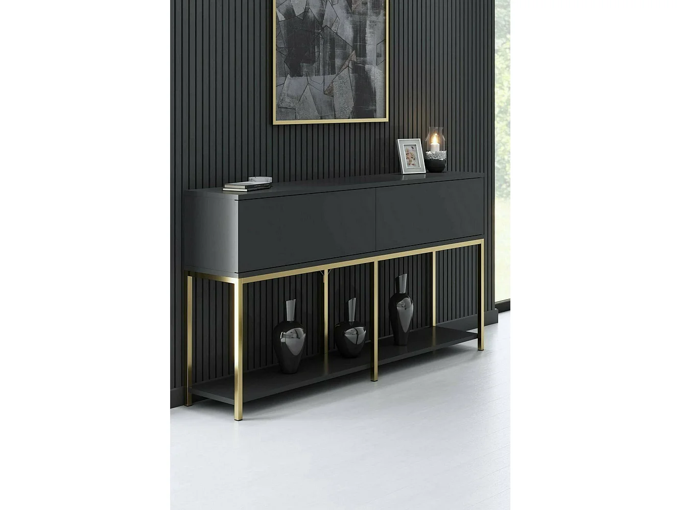 Djimsit dressoir, Buffet om te verblijvenO, Woonkamer, Keukenkast, 150x30h80 cm, Antraciet en Goud