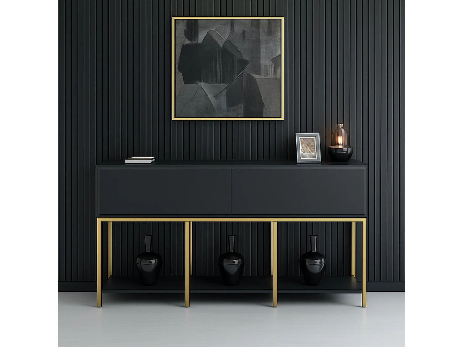 Djimsit dressoir, Buffet om te verblijvenO, Woonkamer, Keukenkast, 150x30h80 cm, Antraciet en Goud