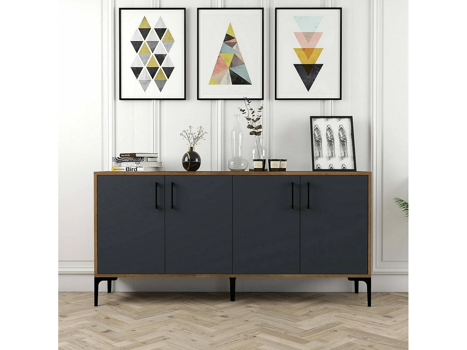 Daltobell dressoir, Woonkamer buffet, DressoirAan, Keukenkast, 160x35h78 cm, Walnoot en Antraciet